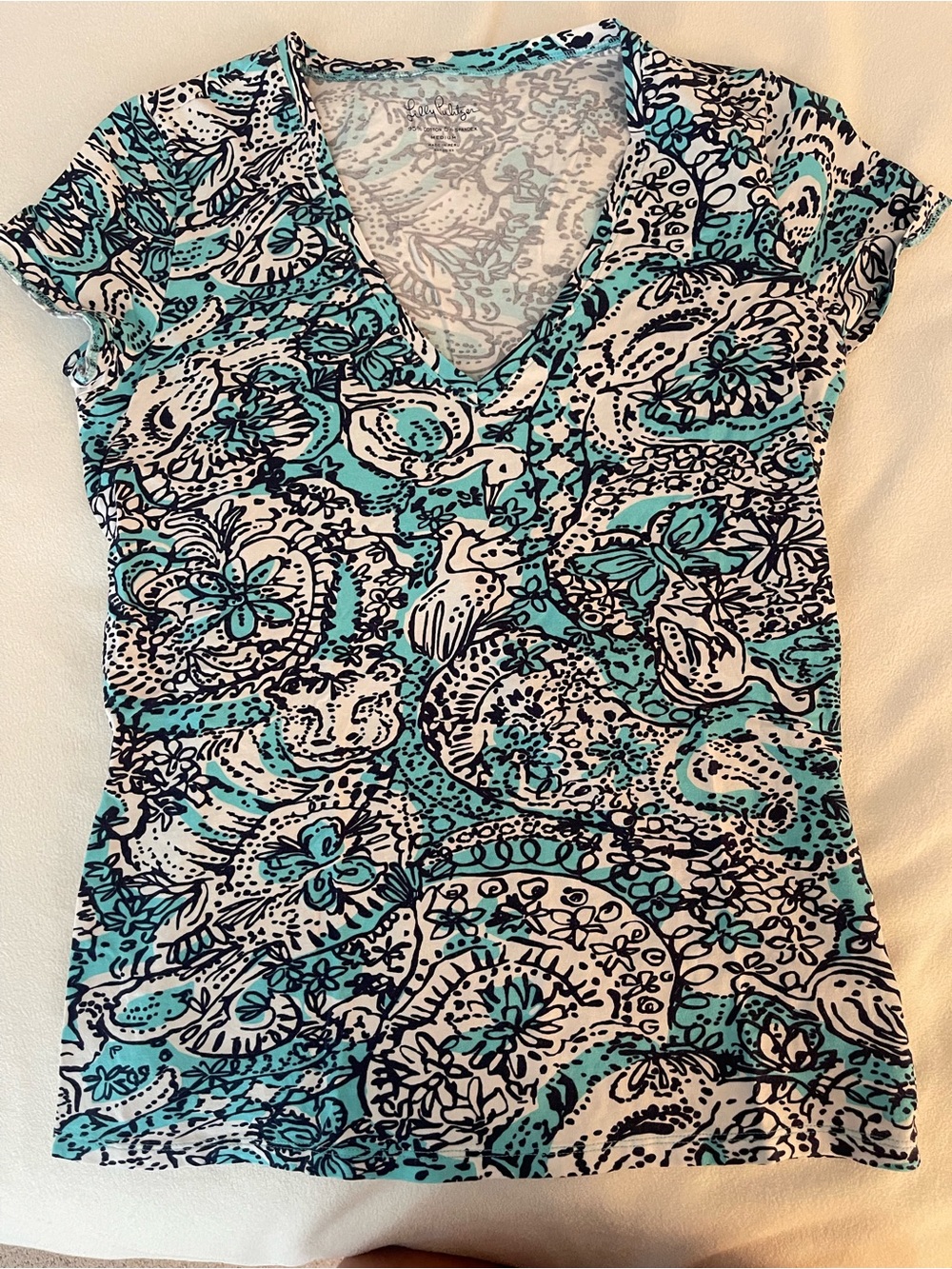 Lilly Pulitzer V-Neck Short Sleeve Top in Teal, White and Navy